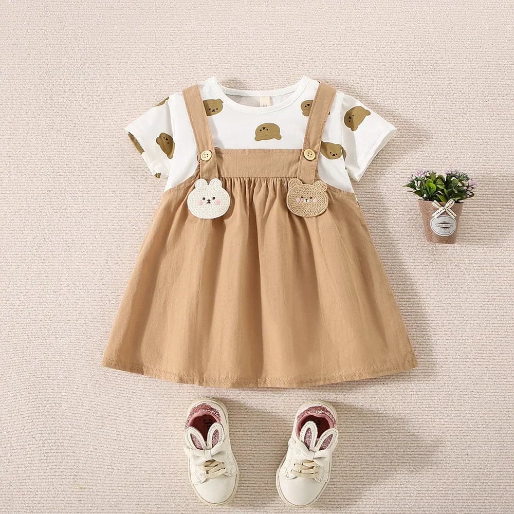 Vestido Infantil Bebê Ursinho Algodão Manga Curta Verão para Meninas TinySteps