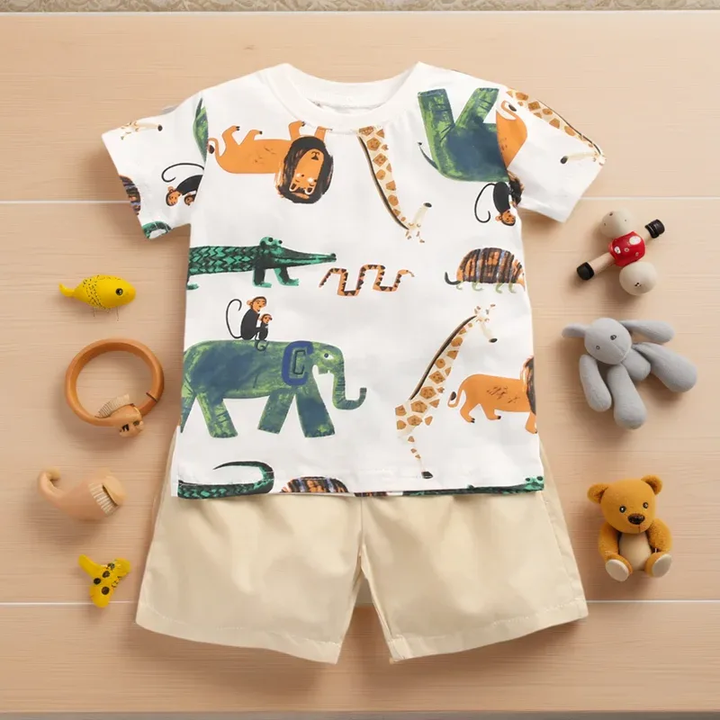 Conjunto Bebê Menino Verão Algodão Estampa Divertida Manga Curta TinySteps