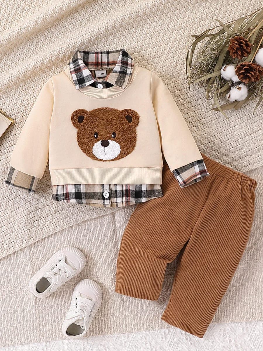 Conjunto Bebê Menino Moletom Ursinho Xadrez e Calça Veludo Cotelê – Conforto e Estilo Retrô TinySteps