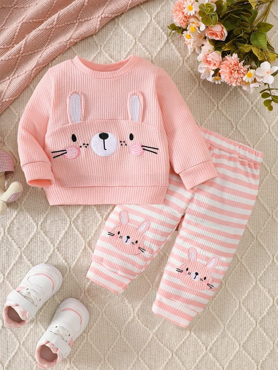 Conjunto Bebê Menina Moletom Waffle Coelhinha Fofa | Calça Jogger Listrada Macia e Quente TinySteps