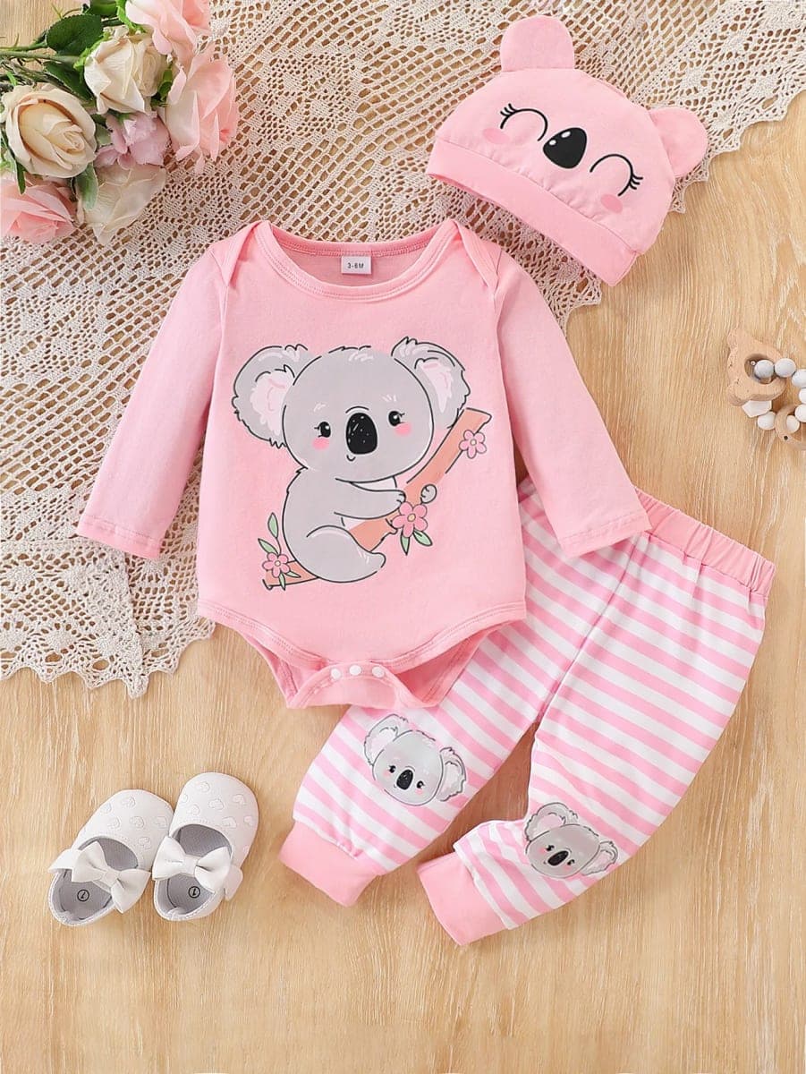 Conjunto Bebê Coala Rosa TinySteps: Macacão, Calça e Chapéu Animado para Meninas | Conforto e Fofura
