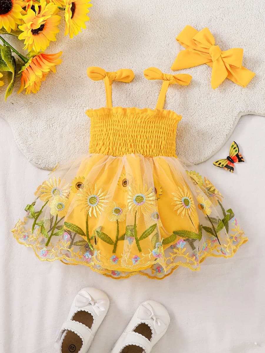 Vestido de Verão Infantil Bebê Menina com Tutu Girassol e Faixa de Cabelo – Charme e Conforto TinySteps