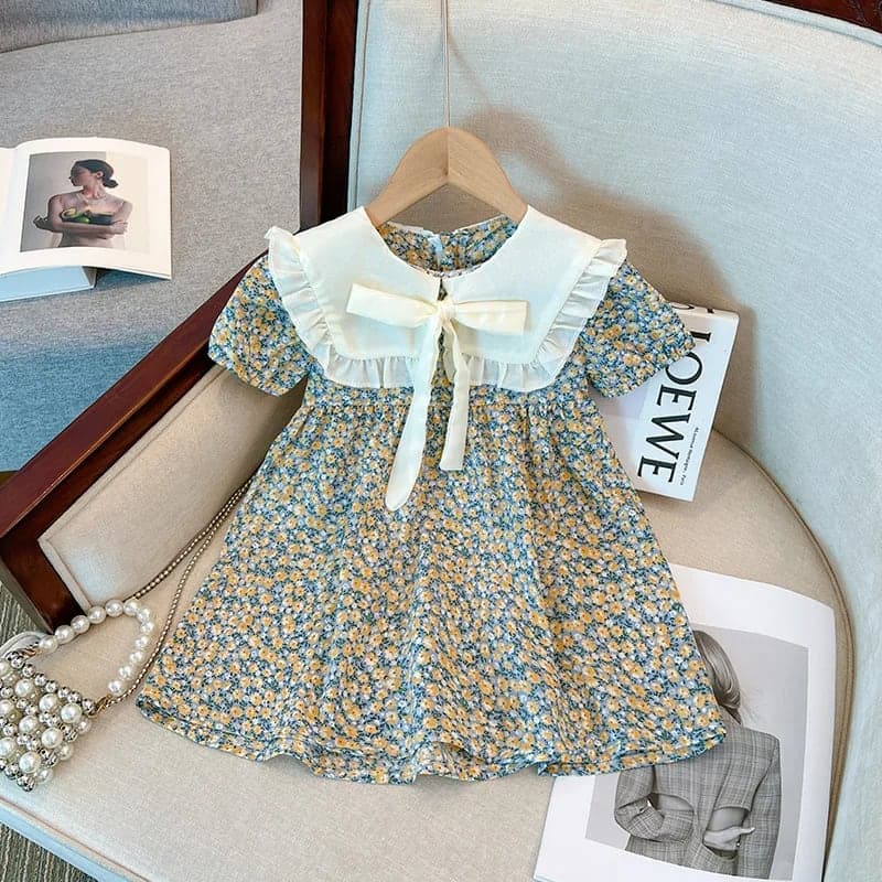 Vestido Infantil Floral Laço Verão Manga Curta Fofo Princesa para Bebês e Meninas TinySteps