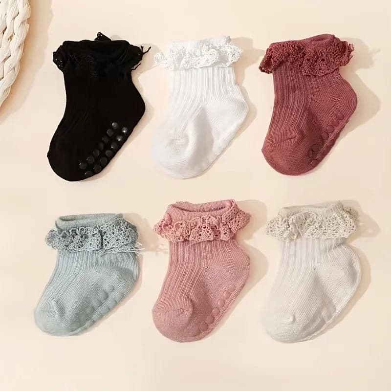 Kit 6 Pares de Meias de Renda Antiderrapante para Bebê Menina - Estilo Princesa e Conforto TinySteps
