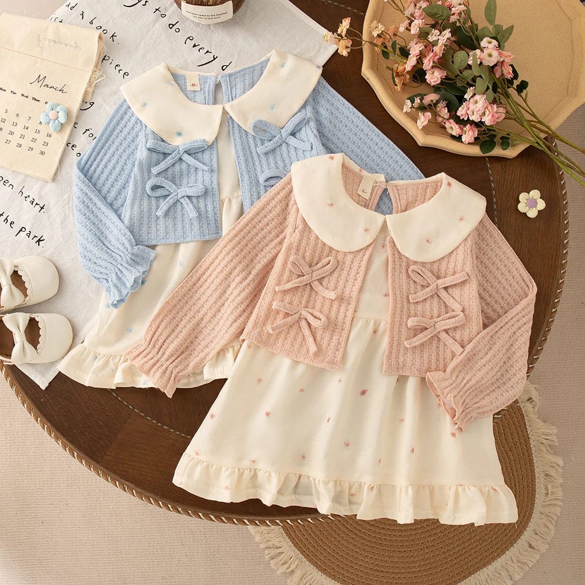 Vestido Infantil TinySteps Rosa Floral Manga Longa Colarinho Boneca para Meninas – Conforto e Estilo na Primavera Outono