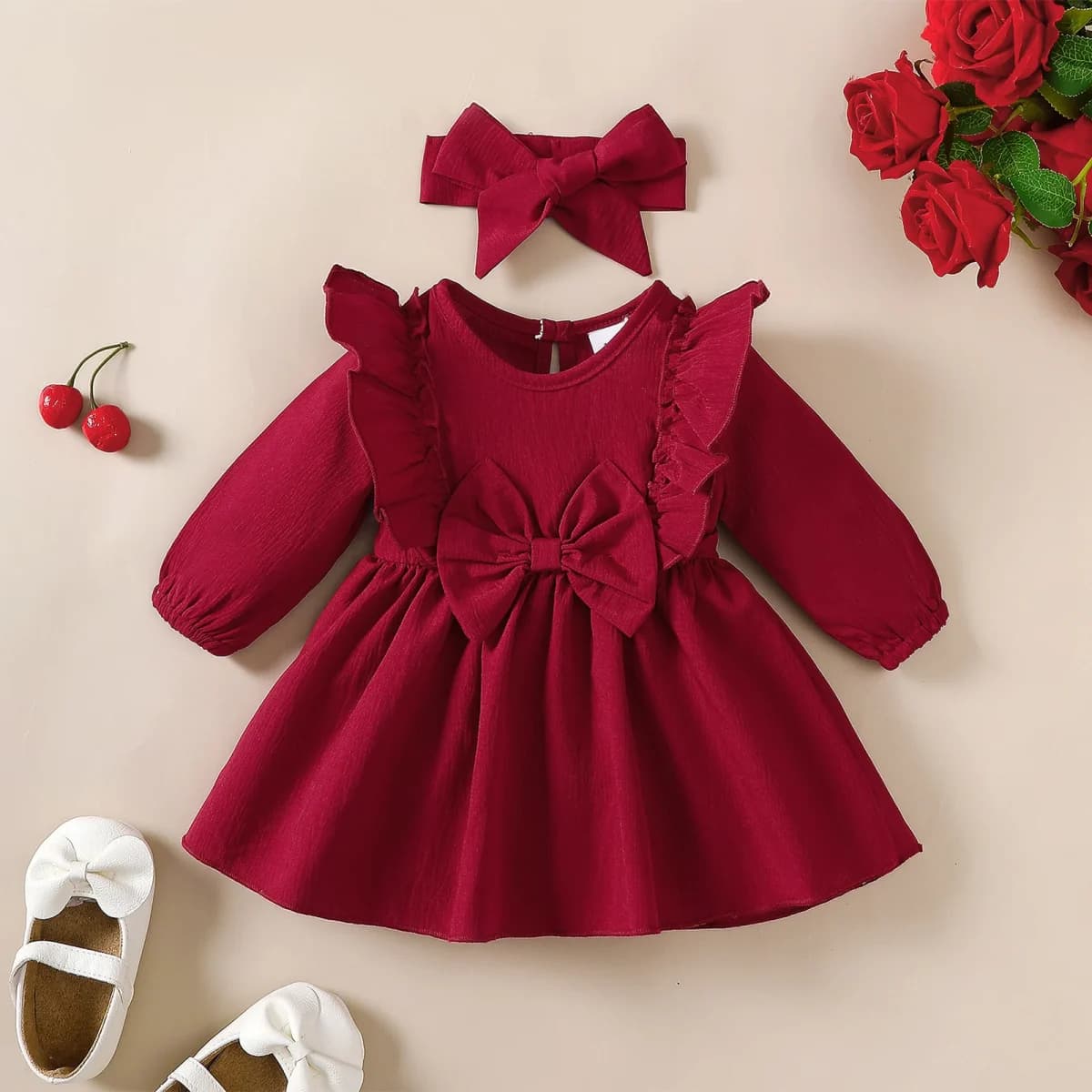 Vestido Infantil Outono Manga Longa com Babados e Laço + Faixa de Cabelo para Bebês TinySteps