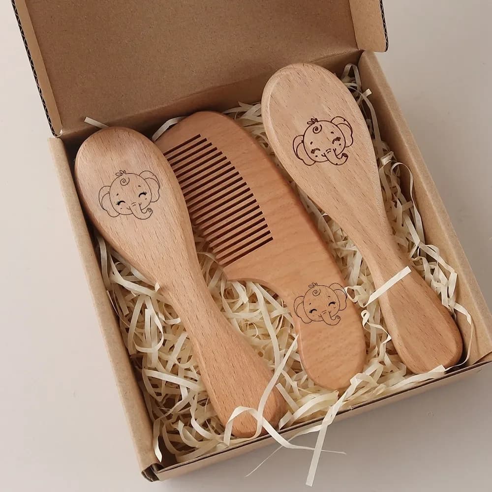 Conjunto Escovas de Cabelo Bebê Panda com Lã Natural e Pente de Madeira TinySteps — imagem 1