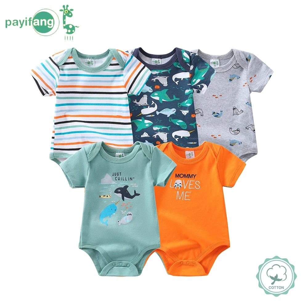 Kit 5 Bodies de Bebê Menino Algodão Estampa Baleia Divertida Manga Curta Conforto Total TinySteps