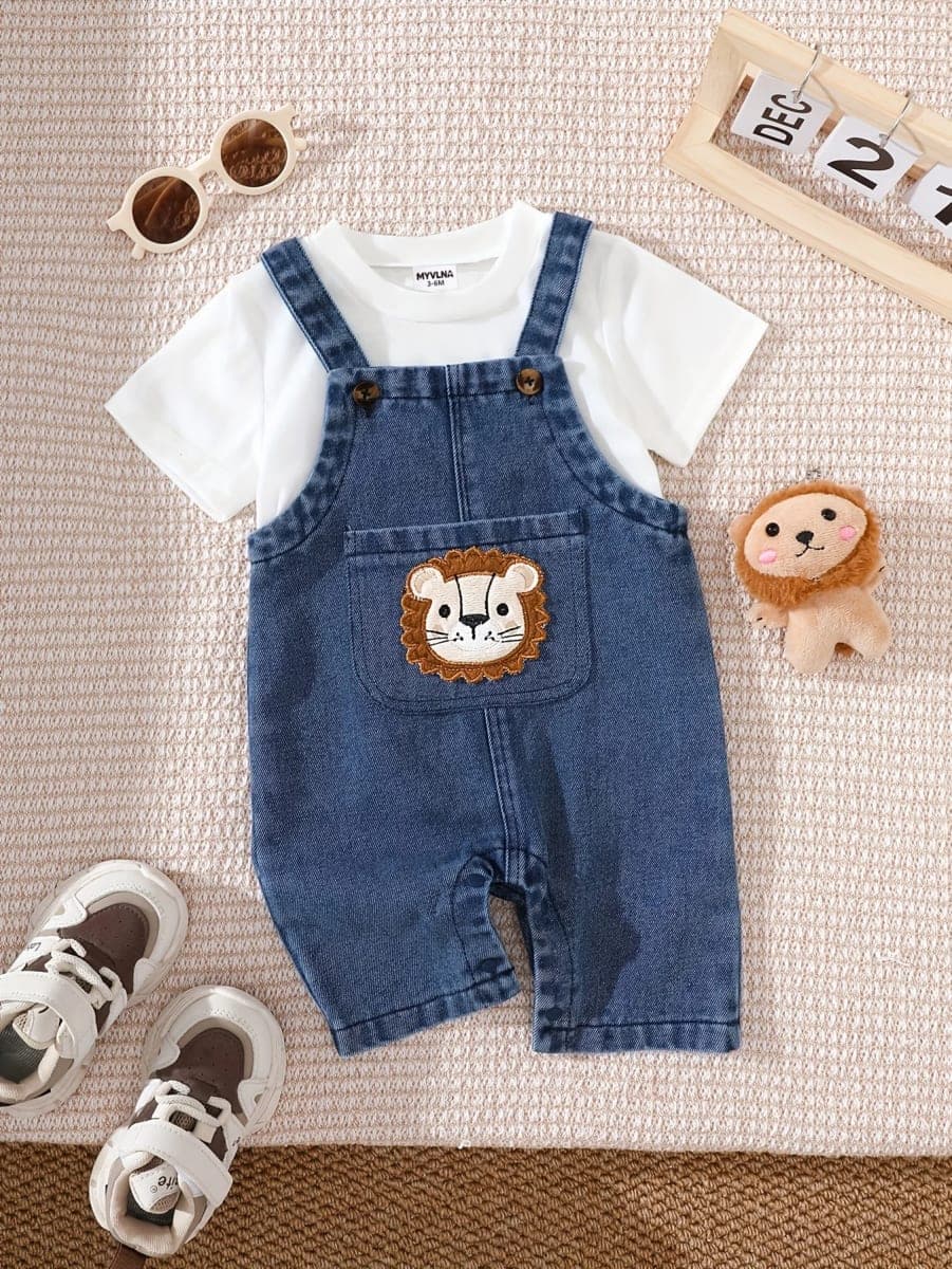 Conjunto Casual Bebê Menino TinySteps: Camiseta Manga Curta e Macacão Leão – Conforto e Estilo Primavera Verão