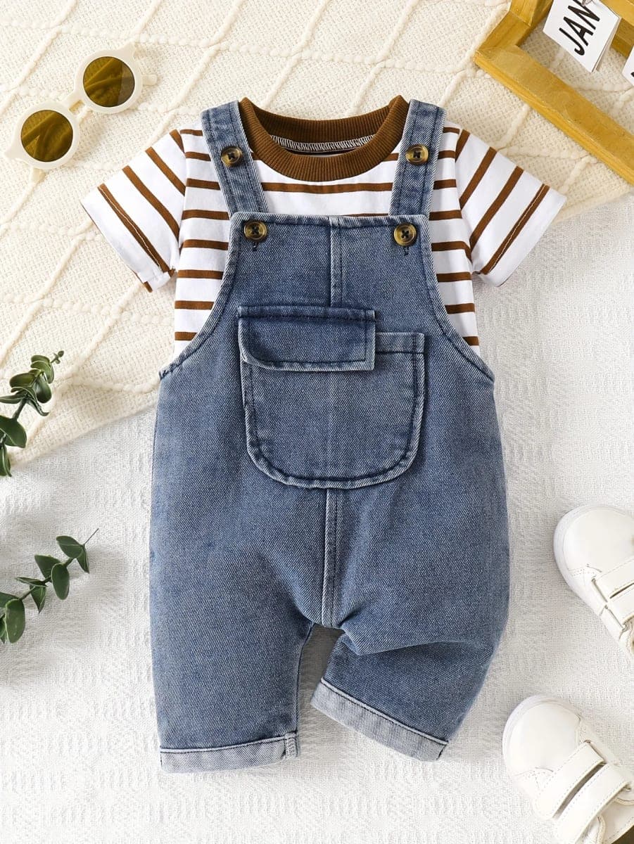 Conjunto Casual Bebê Menino: Camiseta Listrada e Macacão com Bolsos TinySteps para Primavera/Verão