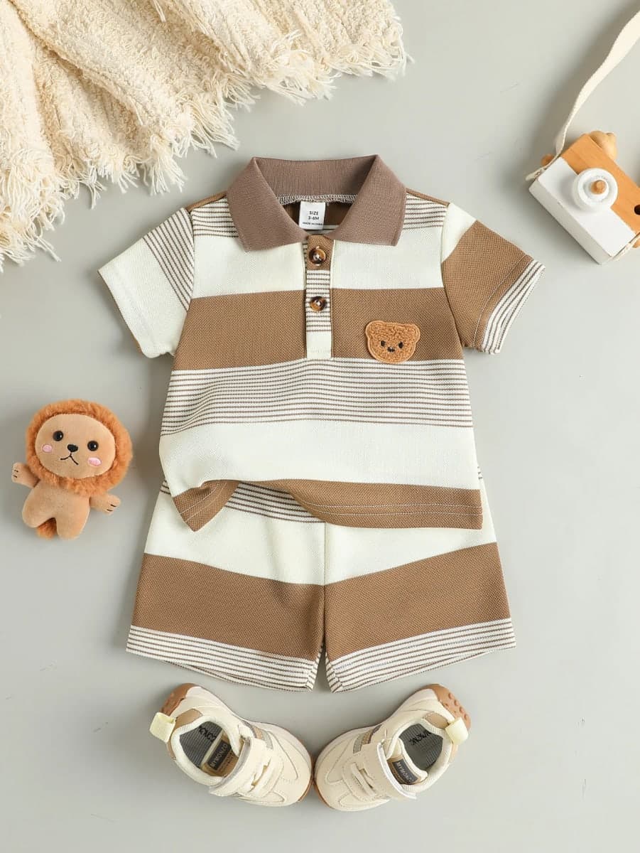 Conjunto Infantil Masculino Ursinho Listrado: Camiseta e Shorts Esportivo para Verão Confortável TinySteps