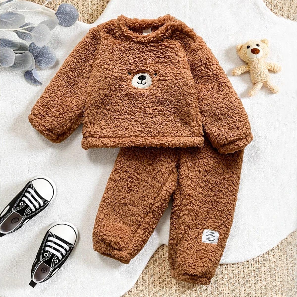 Conjunto Infantil Ursinho Pelúcia Unissex: Blusa e Calça de Lã Macia para Bebês e Crianças no Inverno TinySteps