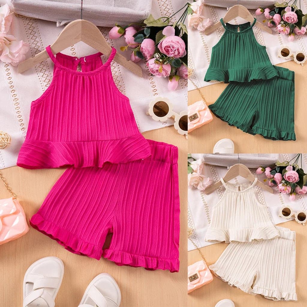 Conjunto Infantil de Verão TinySteps para Meninas: Regata com Babados e Shorts Confortáveis