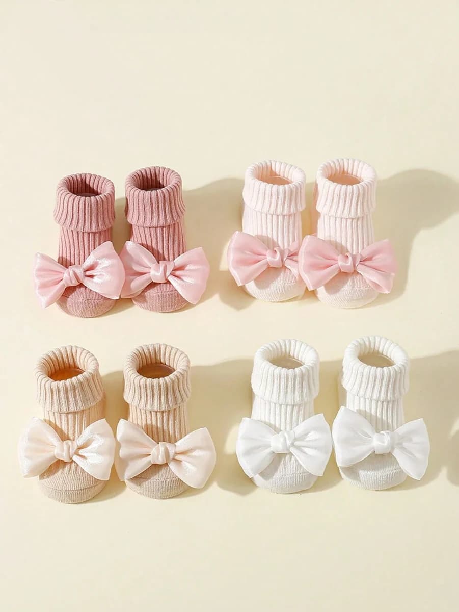 Kit 4 Pares Meias Bebê Menina com Laço Algodão Macio Antiderrapante 0 a 24 Meses TinySteps