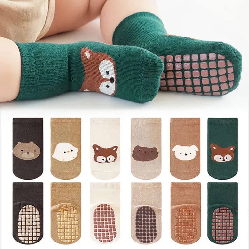 Kit 6 Pares Meias Infantis Antiderrapantes Bichinhos Fofos TinySteps | Conforto e Segurança para Bebês