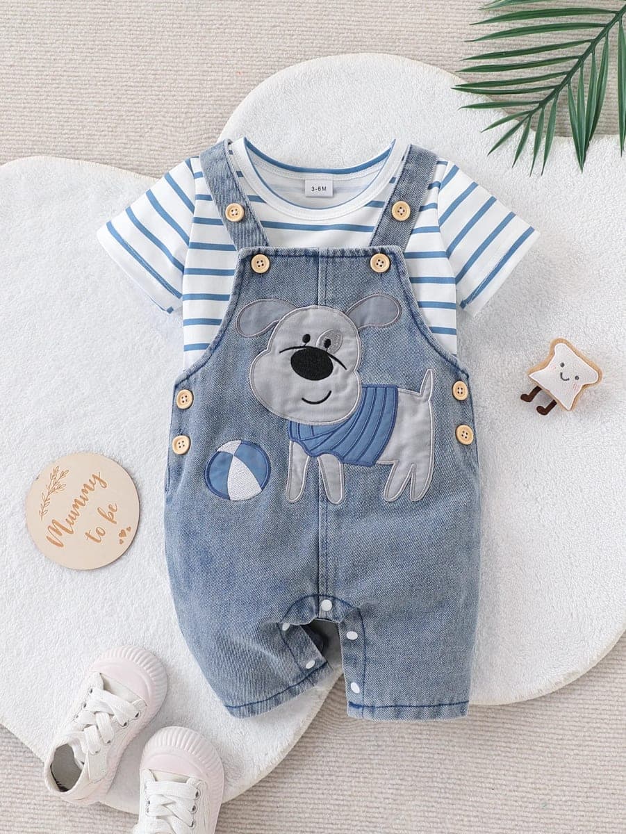 Conjunto Bebê Menino: Camiseta Listrada e Macacão Jeans Urso Fofo para Verão | TinySteps