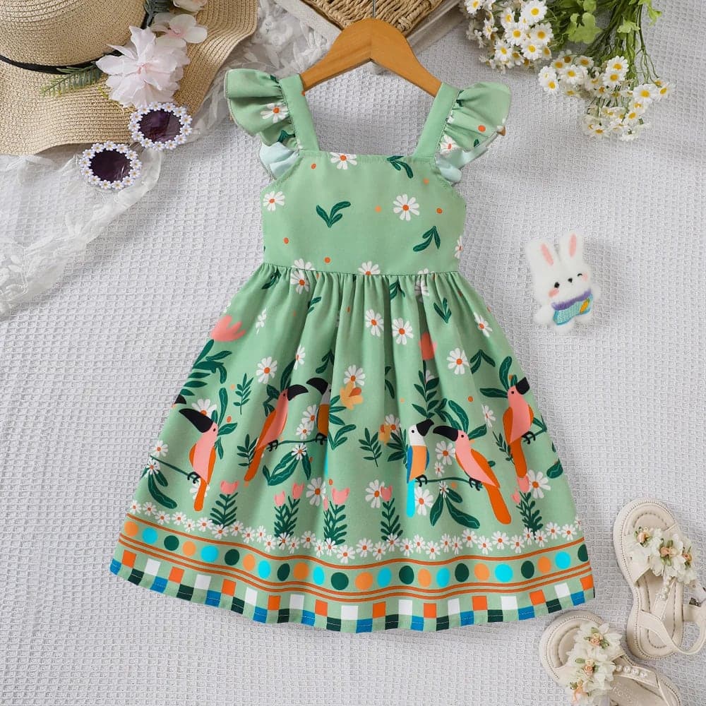 Vestido Infantil Verão Estampa Folhagens Menina TinySteps | Roupa Leve e Fresquinha para Passeio