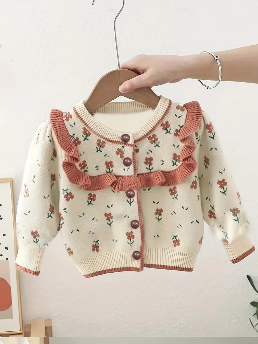 Cardigan Floral Infantil TinySteps para Meninas | Blusão de Malha Macia Estilo Coreano para Bebês e Crianças