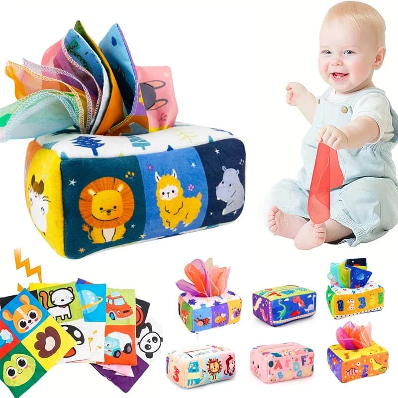 Brinquedo Sensorial Montessori Mágico TinySteps: Caixa de Lenços Educativa para Bebês e Crianças