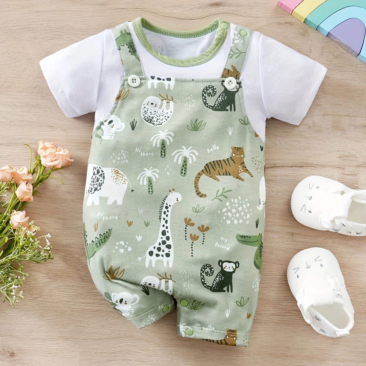Romper Infantil Bebê Estampa Zoológico TinySteps: Macacão Body Falso Duas Peças Manga Curta para Verão